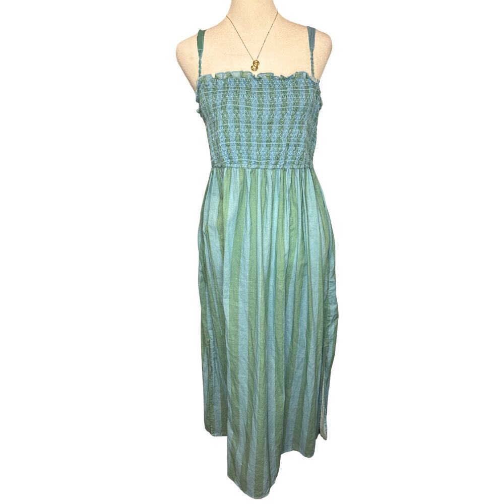 Anthropologie Smocked Bodice Midi Dress Blue Green Stripe Sleeveless Size M